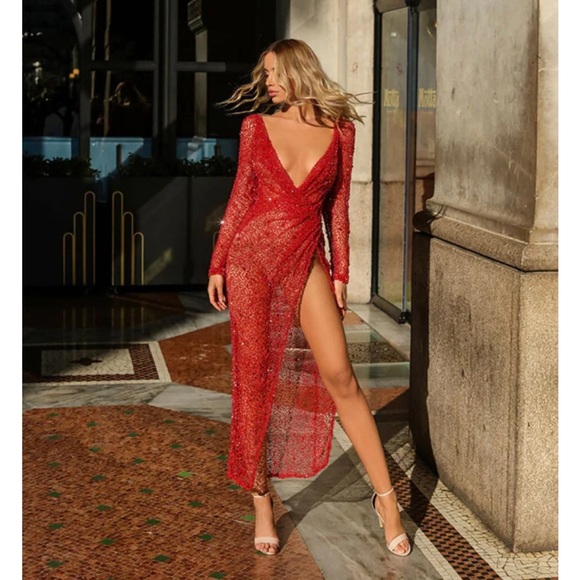 gold couture Dresses & Skirts - Gold couture red beaded long sleeve high slit dress small 2 sexy Christmas prom